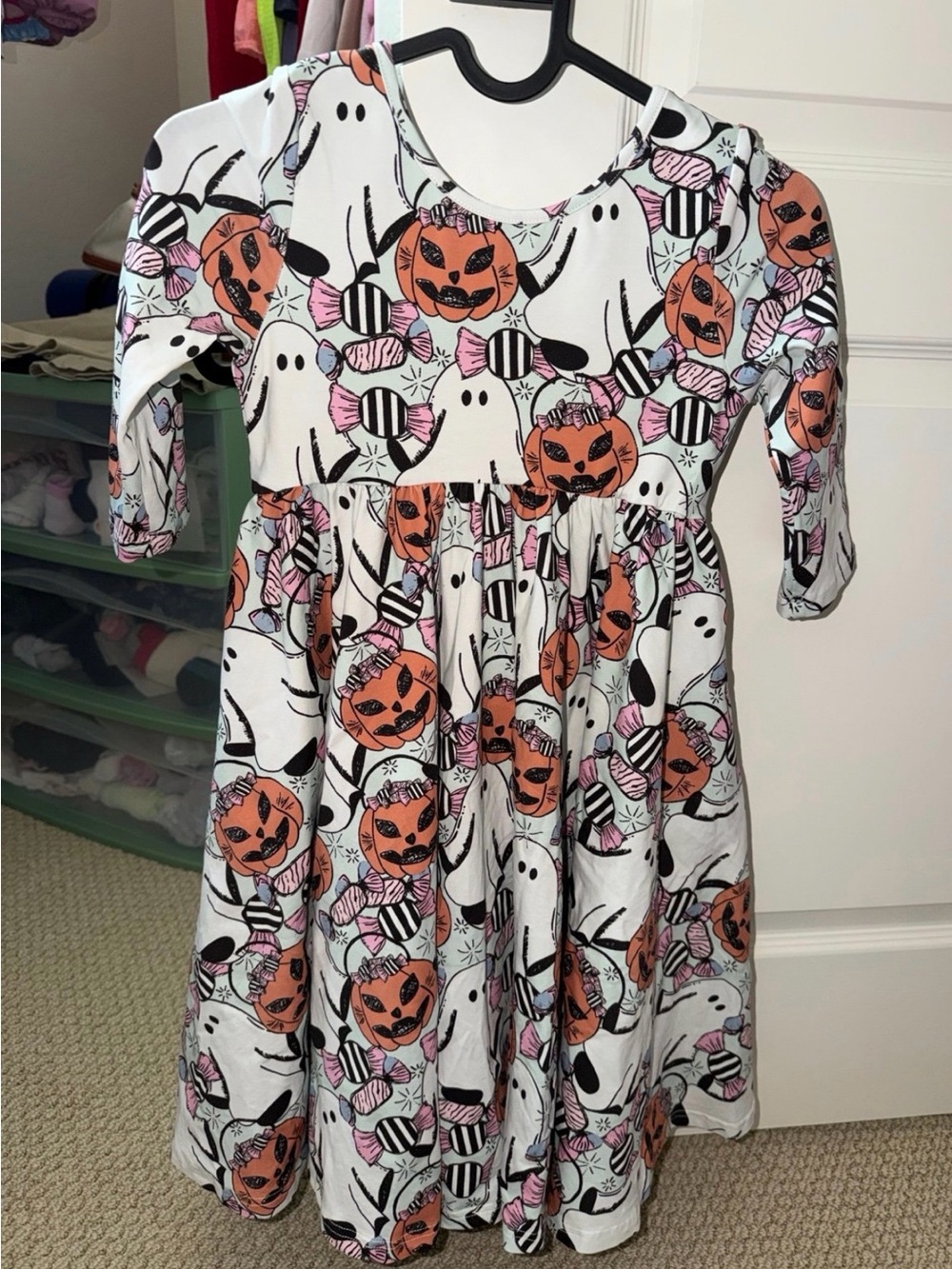 Girls' White Halloween Dress with Orange Pumpkins & Pink Candy